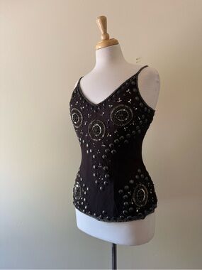Silk Hand Beaded Dark Brown Embellished Tank Top | NWOT